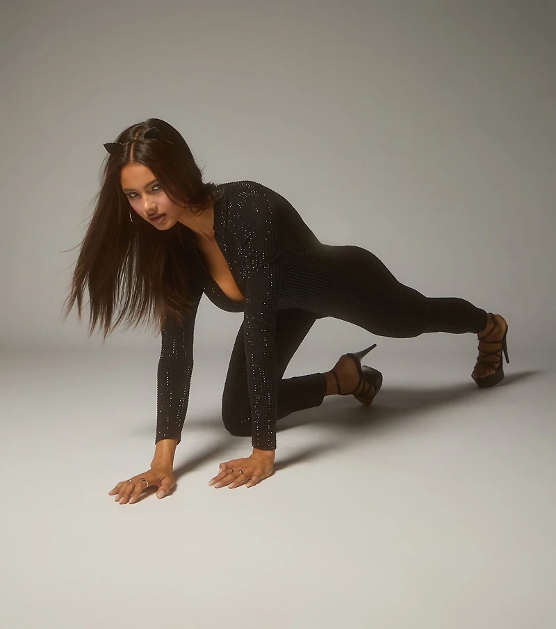 Feline Fierce Rhinestone Zip-Up Catsuit