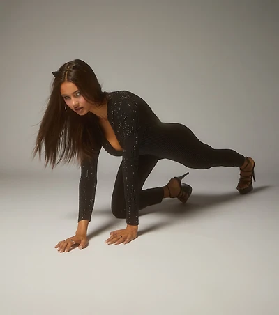 Feline Fierce Rhinestone Zip-Up Catsuit
