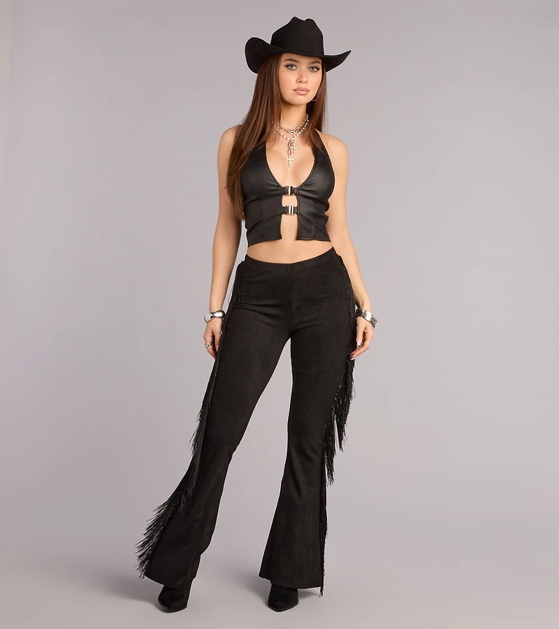 Outlaw Attitude Fringe Faux Suede Flare Pants
