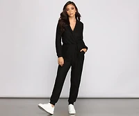 Cozy and Chic Ribbed Surplice Jogger Jumpsuit