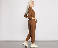 Cozy and Chic Ribbed Surplice Jogger Jumpsuit