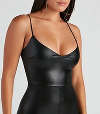 Sleek Sleeveless V-Neck Faux Leather Catsuit
