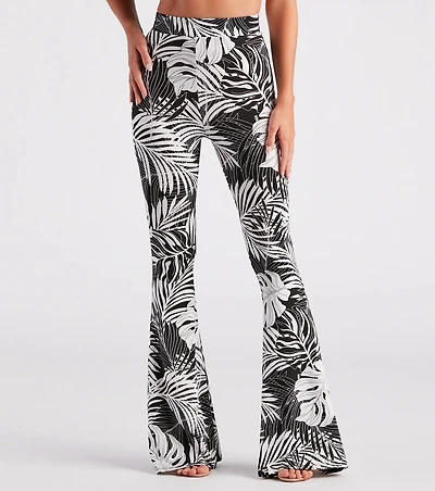 Resort Bound Tropical Print Flare Pants