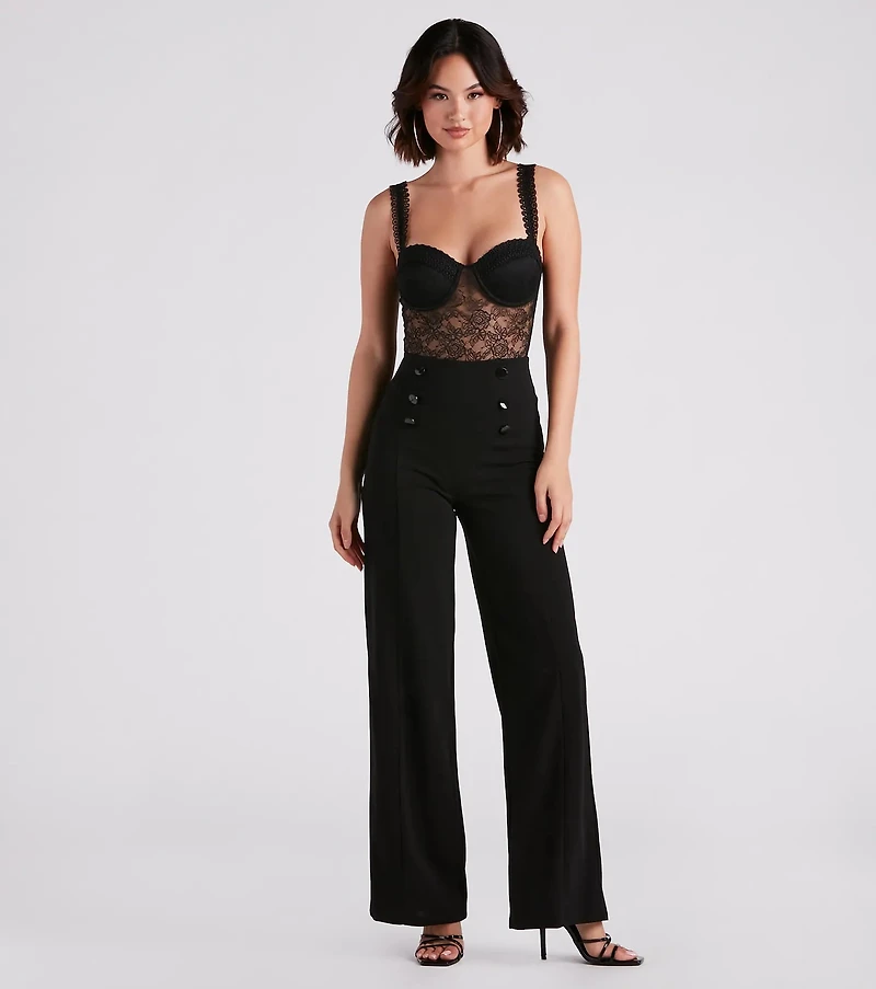 Sleek Crepe Button Wide-Leg Pants