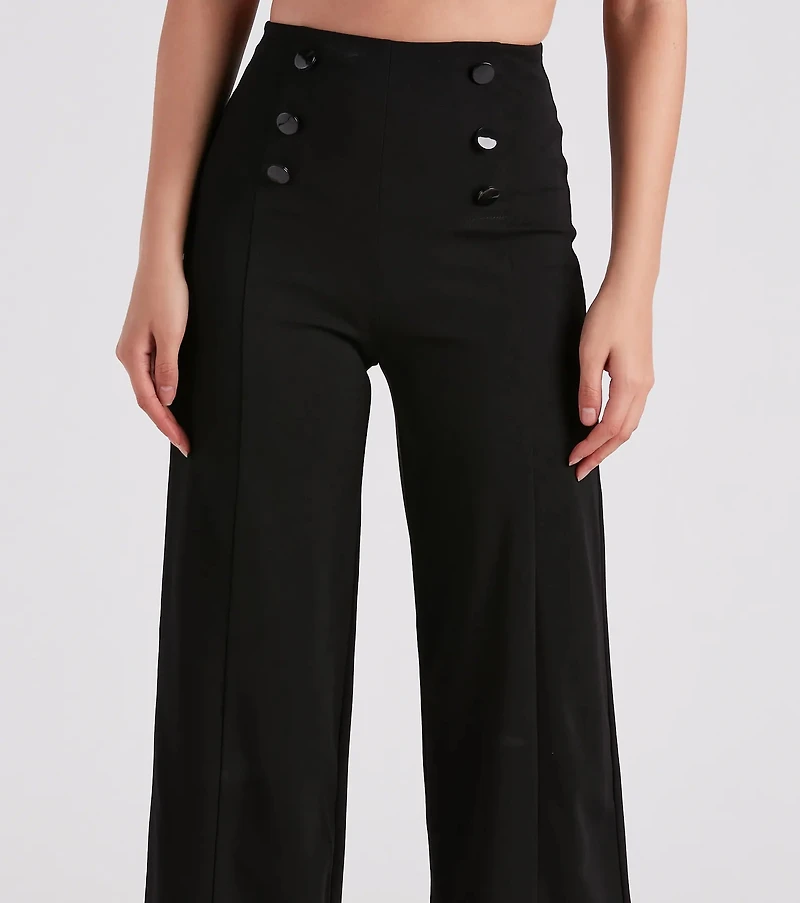 Sleek Crepe Button Wide-Leg Pants
