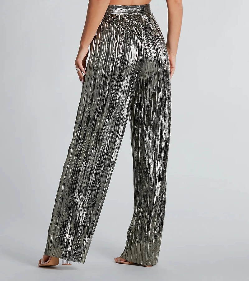 Dare To Impress Metallic Plisse Wide-Leg Pants