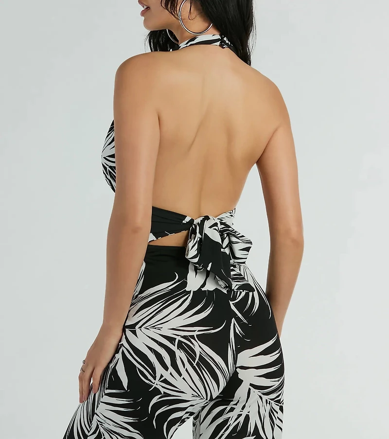 Majorly Tropical Plunge Halter Wide-Leg Jumpsuit