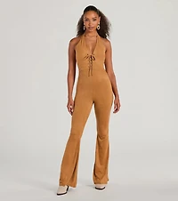 Eyes On Me Lace-Up Flare Faux Suede Jumpsuit