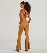 Eyes On Me Lace-Up Flare Faux Suede Jumpsuit