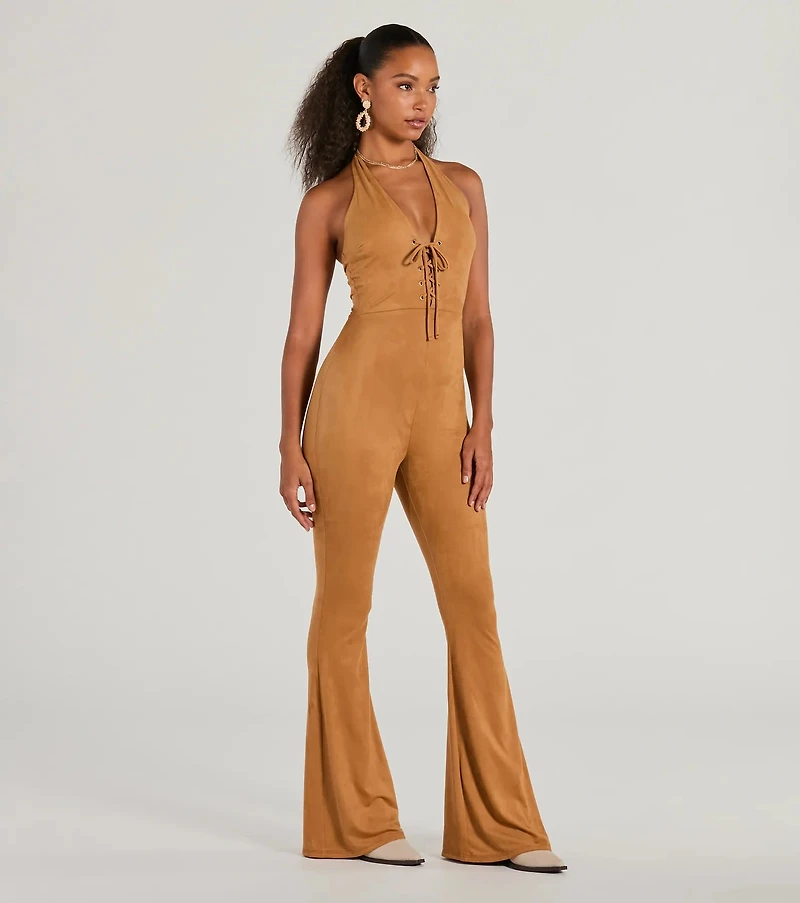 Eyes On Me Lace-Up Flare Faux Suede Jumpsuit
