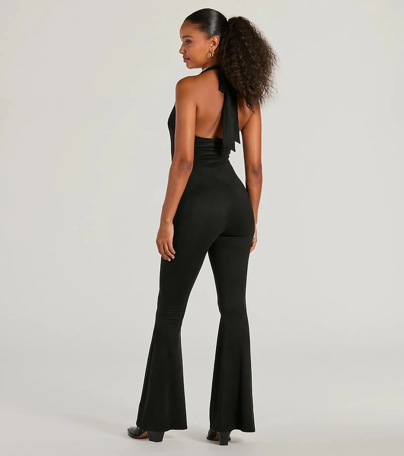 Eyes On Me Lace-Up Flare Faux Suede Jumpsuit