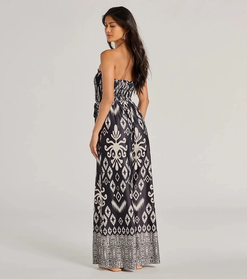 Trendy Ease Strapless Boho Print Wide-Leg Jumpsuit