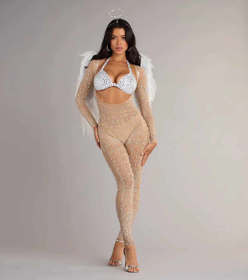 Iridescent Sparkle Rhinestone-Embellished Sheer Catsuit