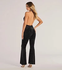 Glam Motion Velvet Rhinestone Halter Jumpsuit