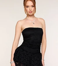 Worth a Double Take Strapless Lace Ruffle Romper