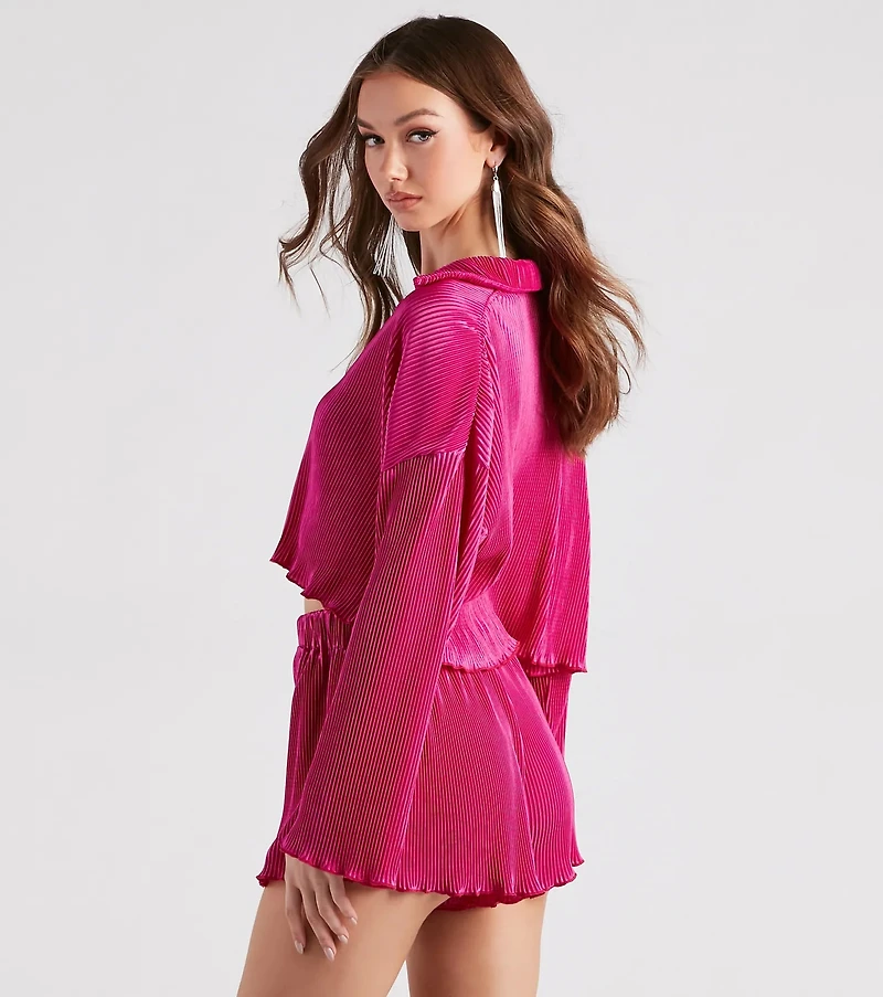 Just A Crush Satin Pleated Top And Shorts Set