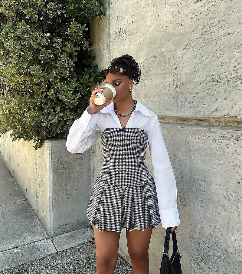 Sweet Perception Strapless Plaid Pleated Romper