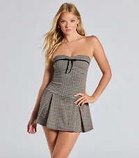 Preppy Glam Strapless Pleated Plaid Romper