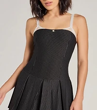 Chicest Look Pinstripe Pleated Drop Waist Romper