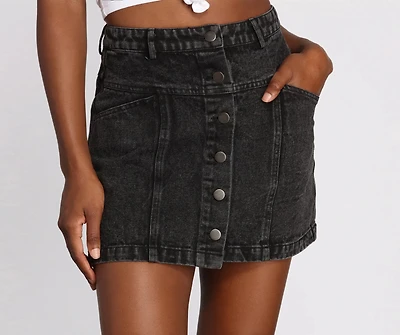 Babe Alert Button Front Jean Mini Skirt