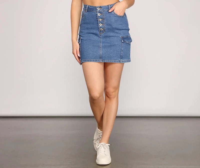 Button Up Cargo Denim Mini Skirt