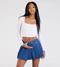 Treat Yourself Mid-Rise Pleated Denim Mini Skirt