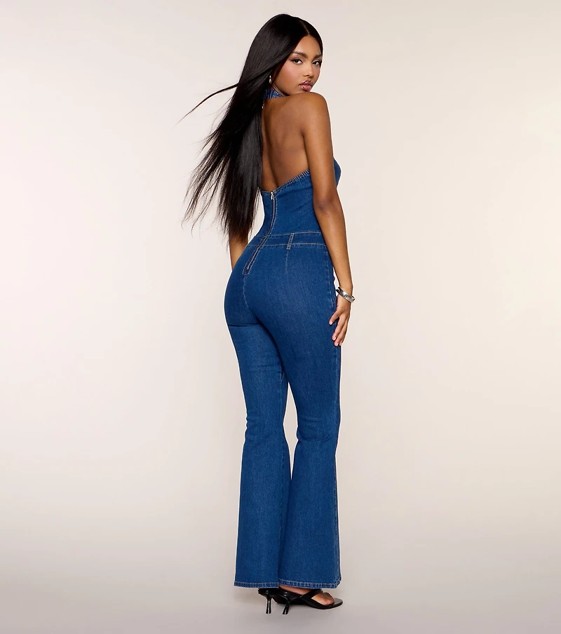 'Fit Check Denim Halter Lace-Up Jumpsuit