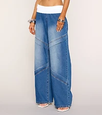 Contrast Code Knit Waist Wide-Leg Jeans