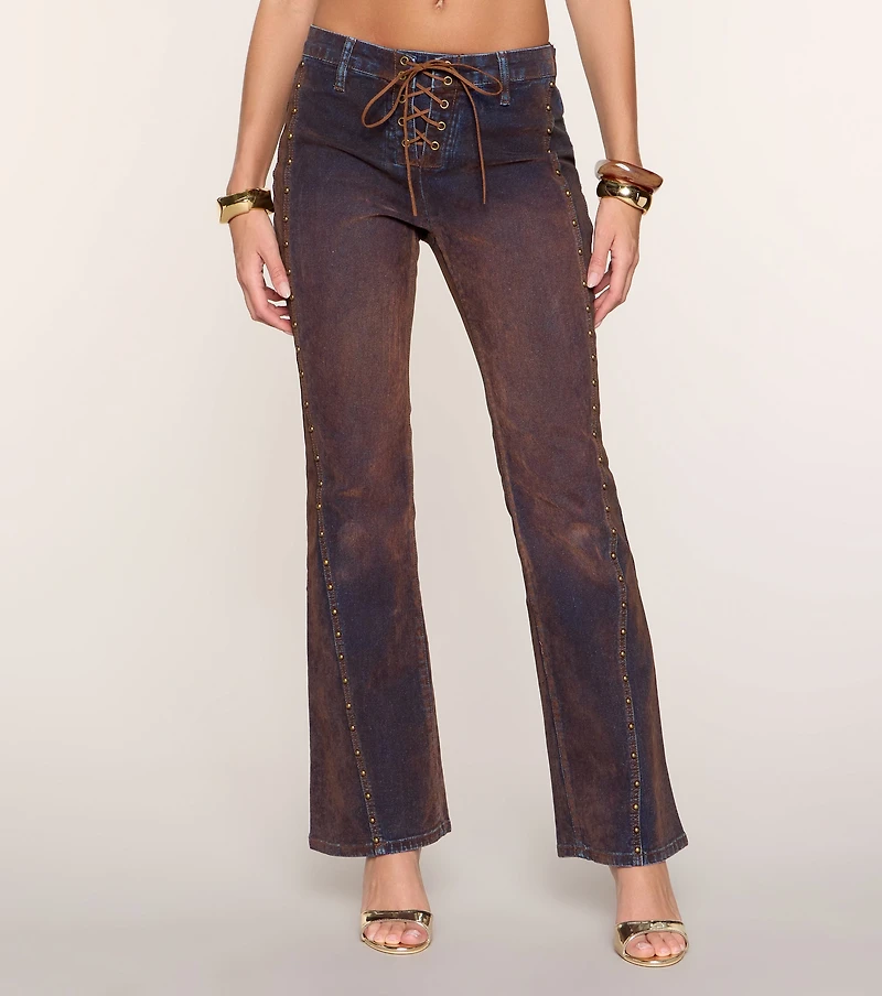 Edge Effect Studded Lace-Up Flare Jeans