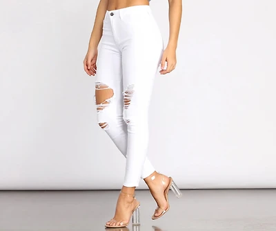 High Rise Destructed Denim Skinny Jeans