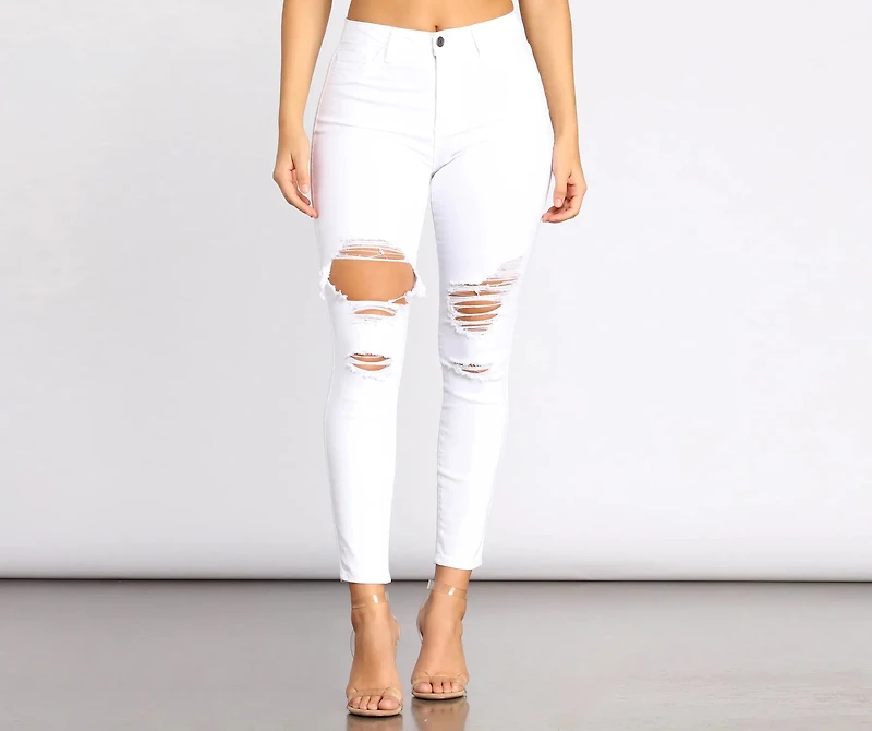 High Rise Destructed Denim Skinny Jeans