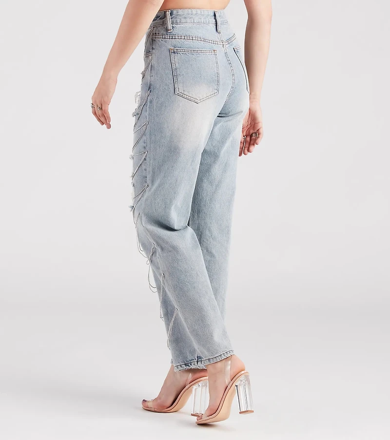 Glitzy Icon Rhinestone Draped Straight-Leg Jeans
