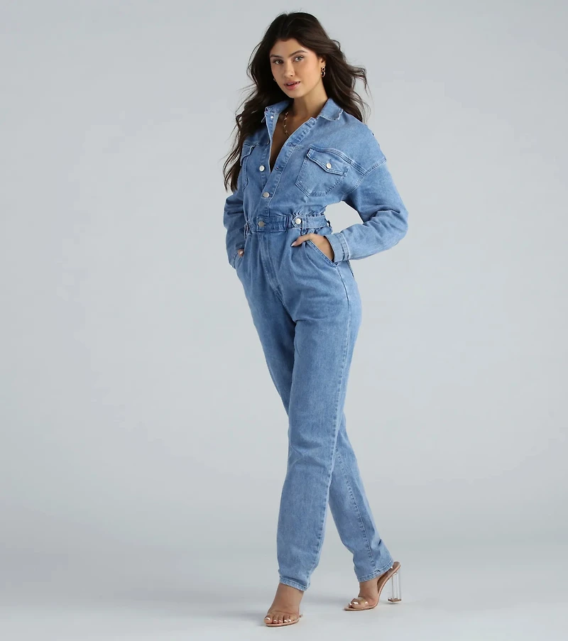 Weekend Style Long Sleeve Denim Jumpsuit