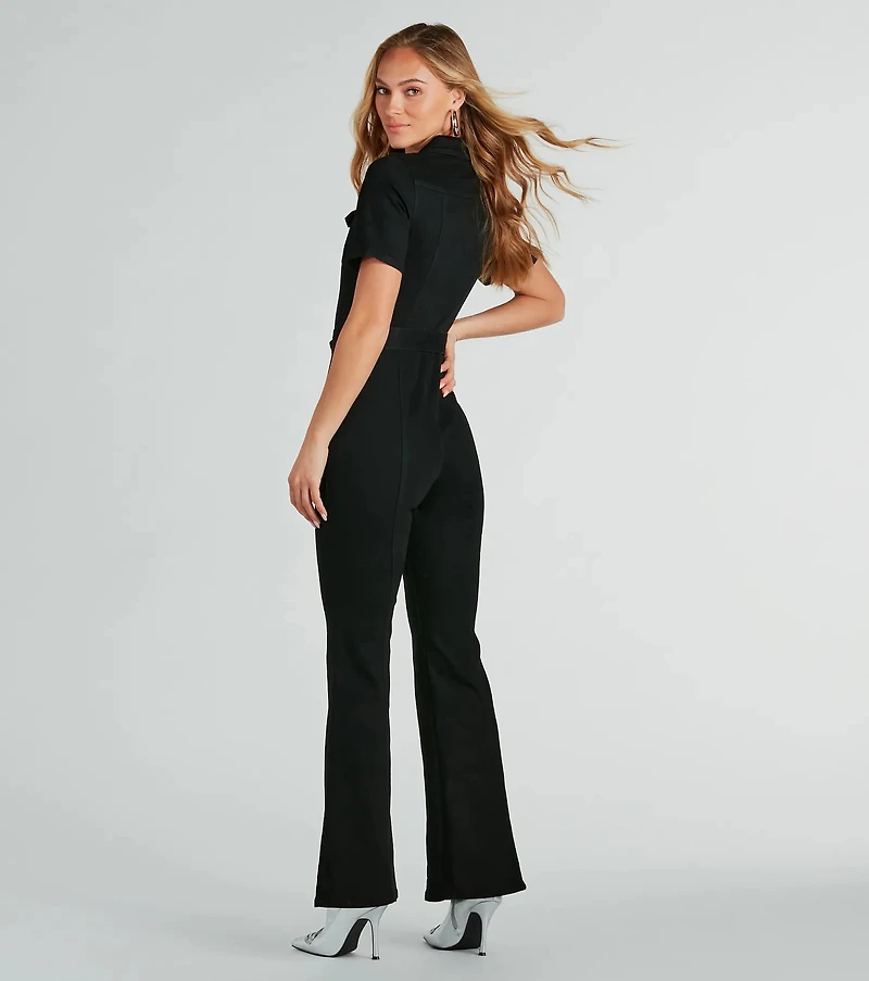 Revamped Retro Belted Flare Denim Jumpsuit