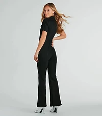 Revamped Retro Belted Flare Denim Jumpsuit