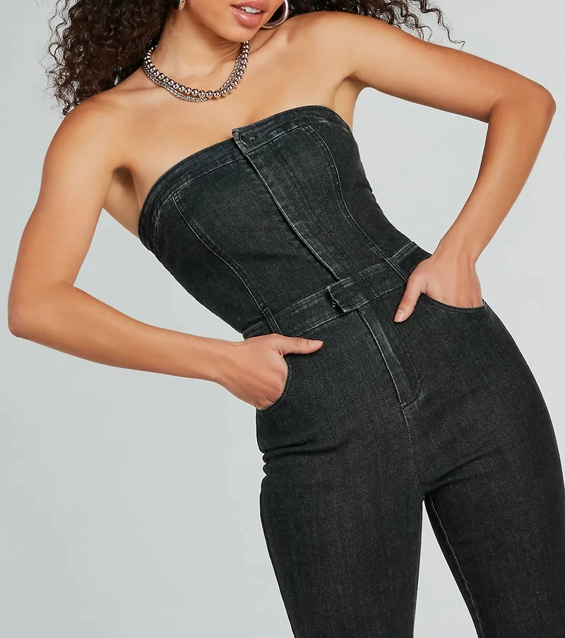 Flirty Retro Strapless Flare Denim Jumpsuit