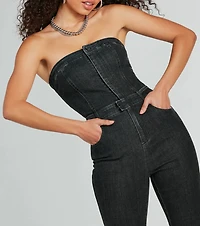 Flirty Retro Strapless Flare Denim Jumpsuit