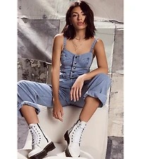 Trendy Perfection Button Up Wide Leg Denim Jumpsuit