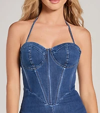 Fresh Feels Halter Sweetheart Corset Denim Catsuit