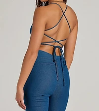 Casual And Cool Lace-Up Flare Denim Jumpsuit