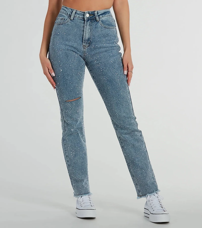 Glam Girlie Rhinestone High Waist Straight-Leg Jeans
