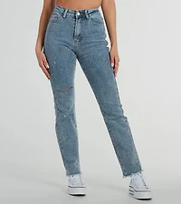 Glam Girlie Rhinestone High Waist Straight-Leg Jeans