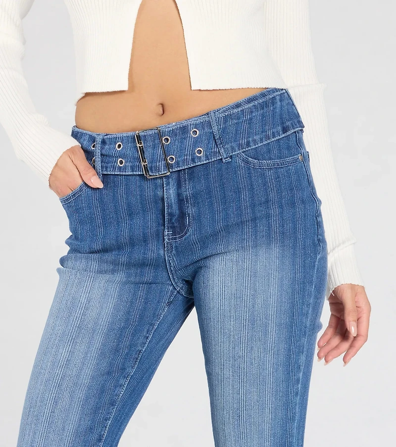 All Time Cute Mid-Rise Belted Flare Denim Jeans