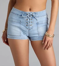 Tie You Down Mid-Rise Lace-Up Denim Shorts