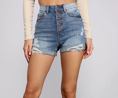 High Rise Button-Down Denim Shorts
