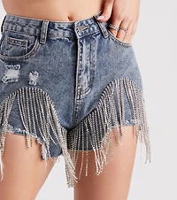 On The Fringe Rhinestone Denim Shorts