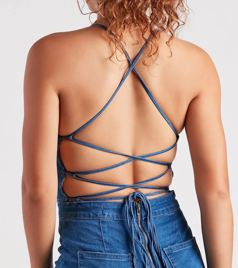 Playful Denim Lace-Up Romper
