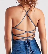 Playful Denim Lace-Up Romper