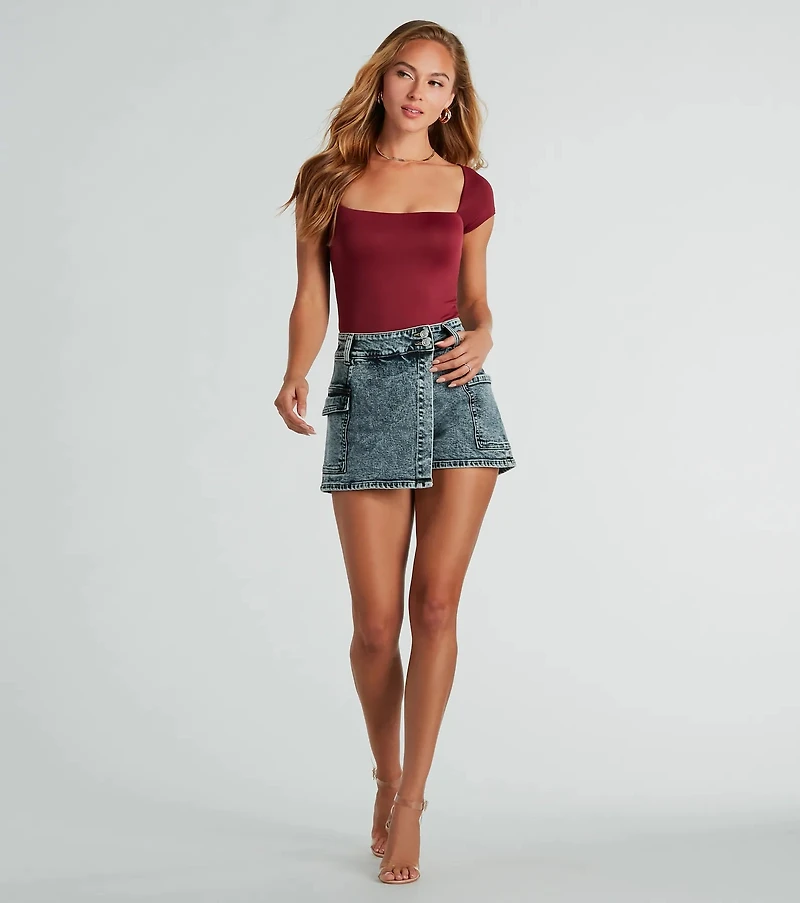 Trendy Impression Acid-Wash Denim Wrap Skort