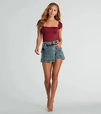Trendy Impression Acid-Wash Denim Wrap Skort